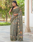 Dusty Green Linen Floral Printed Saree