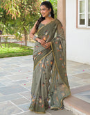 Dusty Green Linen Floral Printed Saree
