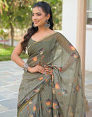 Dusty Green Linen Floral Printed Saree