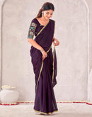 Wine Georgette Embroidery Lace Saree