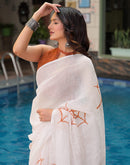 Off White Linen Printed Saree