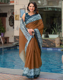 Brown Linen Printed Saree
