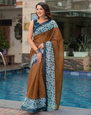 Brown Linen Printed Saree