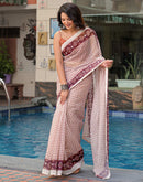 Off White Linen Printed Saree