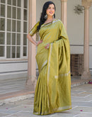 Olive Green Silk Woven Bananrasi Saree