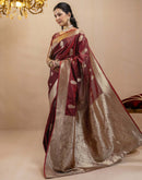 Dark Maroon Silk Woven Banarasi Saree