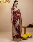 Dark Maroon Silk Woven Banarasi Saree