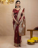 Dark Maroon Silk Woven Banarasi Saree