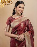 Dark Maroon Silk Woven Banarasi Saree