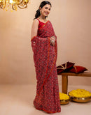 Red Chiffon Printed Saree