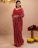 Red Chiffon Printed Saree