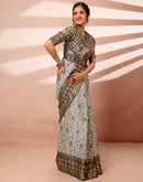 Off White Cotton Silk Printed Woven Border Saree