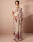 Beige Chanderi Cotton Woven Saree
