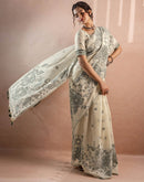 Beige Chanderi Cotton Woven Saree