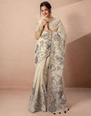 Beige Chanderi Cotton Woven Saree
