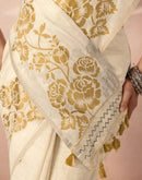 Beige Chanderi Cotton Woven Saree