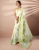 Beige Chanderi Cotton Woven Saree