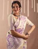 Beige Chanderi Cotton Woven Saree