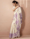 Beige Chanderi Cotton Woven Saree