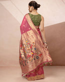 Dark Rose Pink Chanderi Cotton Woven Paithani Saree