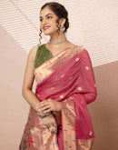 Dark Rose Pink Chanderi Cotton Woven Paithani Saree