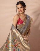 Grey Chanderi Cotton Woven Paithani Saree
