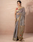 Grey Chanderi Cotton Woven Paithani Saree