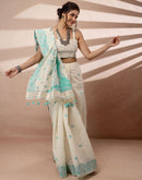 Beige Chanderi Cotton Woven Saree