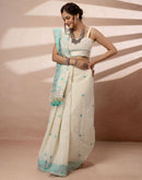 Beige Chanderi Cotton Woven Saree