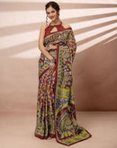 Dark Pink Cotton Printed Kalamkari Saree