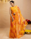 Yellow Chiffon Mirror Work Bandhani Printed Saree