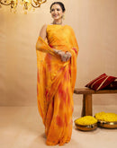 Yellow Chiffon Mirror Work Bandhani Printed Saree