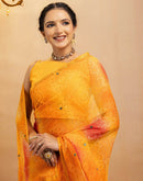 Yellow Chiffon Mirror Work Bandhani Printed Saree