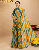 Dark Green Chiffon Mirror Work Laheria Printed Saree