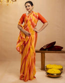 Orange Chiffon Mirror Work Laheria Printed Saree