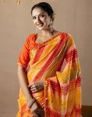 Orange Chiffon Mirror Work Laheria Printed Saree
