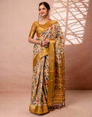 Dark Beige Silk Kalamkari Printed Woven Border Saree