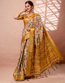 Dark Beige Silk Kalamkari Printed Woven Border Saree