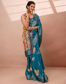 Teal Blue Silk Floral Printed Woven Border Saree