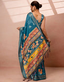 Teal Blue Silk Floral Printed Woven Border Saree