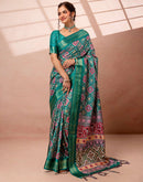 Teal Green Silk Printed Woven Border Saree