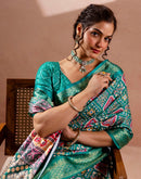 Teal Green Silk Printed Woven Border Saree