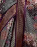 Dark Grey Silk Printed Woven Border Saree