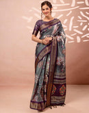 Dark Grey Silk Printed Woven Border Saree