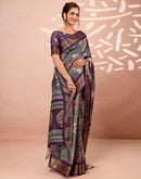 Dark Grey Silk Printed Woven Border Saree