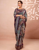 Dark Grey Silk Printed Woven Border Saree