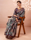 Dark Grey Silk Printed Woven Border Saree