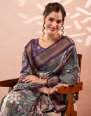 Dark Grey Silk Printed Woven Border Saree