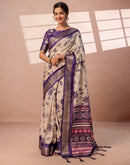 Dark Beige Silk Printed Woven Border Saree