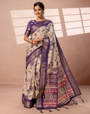 Dark Beige Silk Printed Woven Border Saree